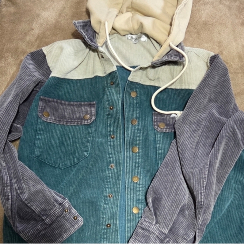 Corduroy Utility Jacket with Hood - Teal & Gray